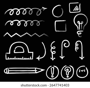 Arrow line chalk hand drawn brush vector set. Grunge square, spiral, arrow element scribble line brush hand drawn sketch design. Grunge abstract chalk, crayon pencil style. Vector illustration.