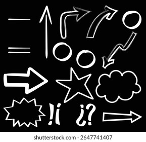Arrow line chalk hand drawn brush vector set. Grunge square, spiral, arrow element scribble line brush hand drawn sketch design. Grunge abstract chalk, crayon pencil style. Vector illustration.