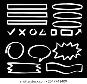 Arrow line chalk hand drawn brush vector set. Grunge square, spiral, arrow element scribble line brush hand drawn sketch design. Grunge abstract chalk, crayon pencil style. Vector illustration.