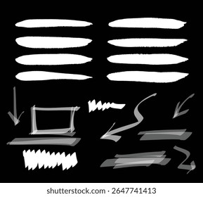 Arrow line chalk hand drawn brush vector set. Grunge square, spiral, arrow element scribble line brush hand drawn sketch design. Grunge abstract chalk, crayon pencil style. Vector illustration.
