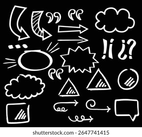 Arrow line chalk hand drawn brush vector set. Grunge square, spiral, arrow element scribble line brush hand drawn sketch design. Grunge abstract chalk, crayon pencil style. Vector illustration.