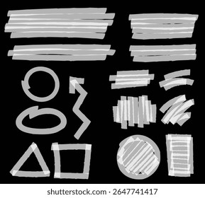 Arrow line chalk hand drawn brush vector set. Grunge square, spiral, arrow element scribble line brush hand drawn sketch design. Grunge abstract chalk, crayon pencil style. Vector illustration.