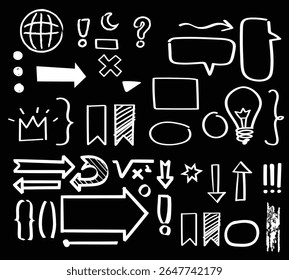 Arrow line chalk hand drawn brush vector set. Grunge square, spiral, arrow element scribble line brush hand drawn sketch design. Grunge abstract chalk, crayon pencil style. Vector illustration.