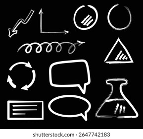 Arrow line chalk hand drawn brush vector set. Grunge square, spiral, arrow element scribble line brush hand drawn sketch design. Grunge abstract chalk, crayon pencil style. Vector illustration.