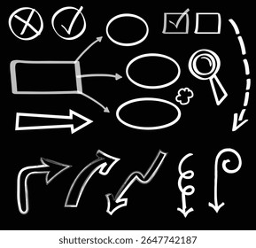 Arrow line chalk hand drawn brush vector set. Grunge square, spiral, arrow element scribble line brush hand drawn sketch design. Grunge abstract chalk, crayon pencil style. Vector illustration.