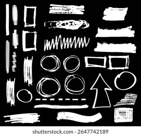 Arrow line chalk hand drawn brush vector set. Grunge square, spiral, arrow element scribble line brush hand drawn sketch design. Grunge abstract chalk, crayon pencil style. Vector illustration.