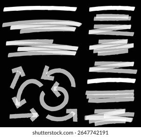 Arrow line chalk hand drawn brush vector set. Grunge square, spiral, arrow element scribble line brush hand drawn sketch design. Grunge abstract chalk, crayon pencil style. Vector illustration.