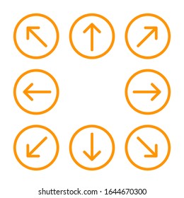 arrow line circle orange set for direction arrow pointer, arrows in circular strokes, arrows button simple, line arrow symbol in circle for ui app, circular arrowhead symbol for button interface