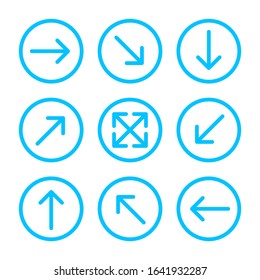 arrow line circle set for direction arrow pointer, arrows in circular strokes blue, arrows button simple graphic, line arrow symbol in circle for ui app, circular arrowhead symbol for button interface