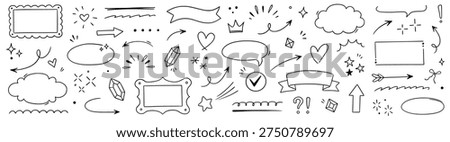 Arrow, line frame, star element set. Hand drawn brush sketch marker stroke arrow, heart, speech bubble frame shapes. Heart, star, circle doodle swirl cute sign symbol decoration. Vector illustration