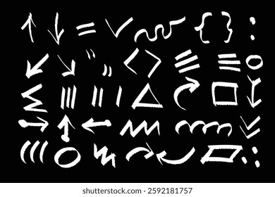 arrow line hand brush chalk sketch pencil drawn vector crayon scribble element kid texture stroke marker frame mark pen icon doodle square blackboard handwritten design check shape abstract chalkboard