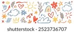 Arrow line hand drawn brush vector set. Grunge square, spiral, arrow element scribble line brush hand drawn sketch design. Grunge abstract chalk, crayon pencil style. Vector illustration