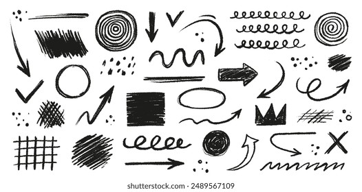 Arrow line hand drawn brush vector set. Grunge square, spiral, arrow element scribble line brush hand drawn sketch design. Grunge abstract chalk, crayon pencil style. Vector illustration.