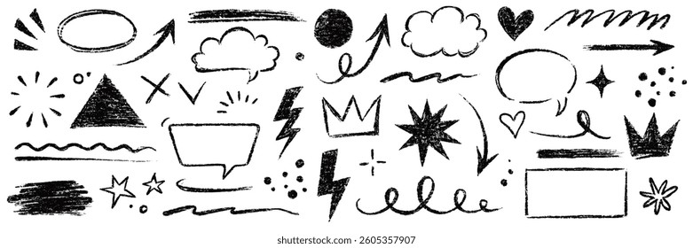Arrow line hand drawn brush sketch element set. Grunge square, heart, arrow element scribble line brush hand drawn sketch design. Texture abstract chalk, crayon pencil style. Vector illustration