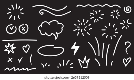 Arrow line hand drawn brush vector set. Grunge square, spiral, arrow element scribble line brush hand drawn sketch design. Grunge abstract chalk, crayon pencil style. Vector illustration.