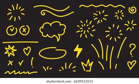 Arrow line hand drawn brush vector set. Grunge square, spiral, arrow element scribble line brush hand drawn sketch design. Grunge abstract chalk, crayon pencil style. Vector illustration.