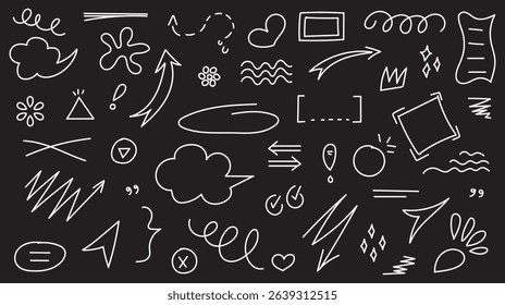 Arrow line hand drawn brush vector set. Grunge square, spiral, arrow element scribble line brush hand drawn sketch design. Grunge abstract chalk, crayon pencil style. Vector illustration.