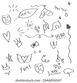 Arrow line hand drawn brush vector set. Grunge square, spiral, arrow element scribble line brush hand drawn sketch design. Grunge abstract chalk, crayon pencil style. Vector illustration. 