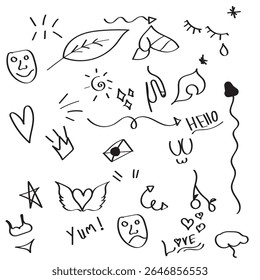 Arrow line hand drawn brush vector set. Grunge square, spiral, arrow element scribble line brush hand drawn sketch design. Grunge abstract chalk, crayon pencil style. Vector illustration. 
