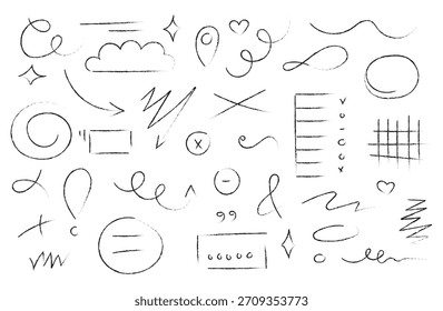Arrow line hand drawn brush vector set. Grunge square, spiral, arrow element scribble line brush hand drawn sketch design. Grunge abstract chalk, crayon pencil style. Vector illustration.