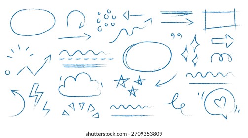 Conjunto de Vector de pincel dibujado a mano de línea de flecha. Grunge cuadrado, espiral, elemento de flecha garabato línea pincel dibujado a mano diseño de boceto. Tiza abstracta del grunge, estilo del lápiz del crayón. Ilustración vectorial.