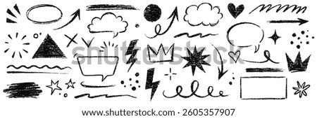 Arrow line hand drawn brush sketch element set. Grunge square, heart, arrow element scribble line brush hand drawn sketch design. Texture abstract chalk, crayon pencil style. Vector illustration