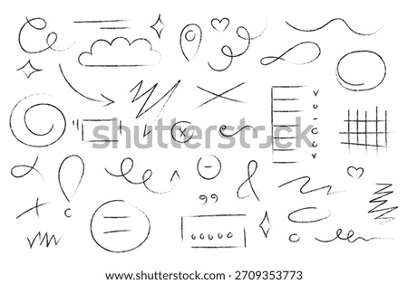 Arrow line hand drawn brush vector set. Grunge square, spiral, arrow element scribble line brush hand drawn sketch design. Grunge abstract chalk, crayon pencil style. Vector illustration.
