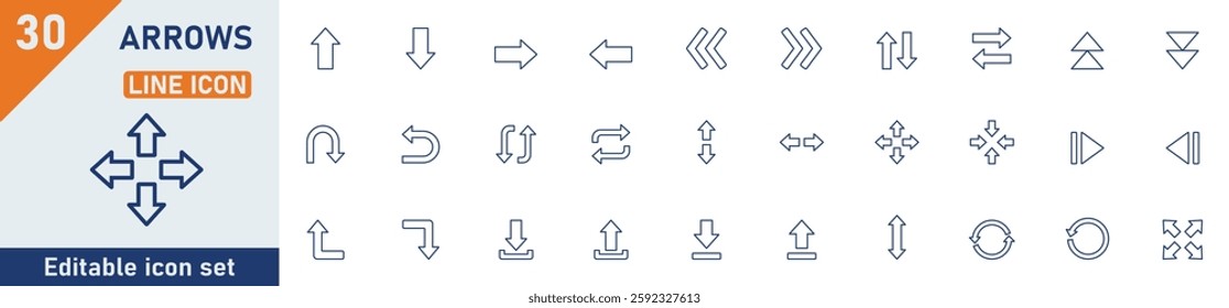 Arrow line icon set. Set of 30 outline icons related to arrows, cursor arrow, up, down, cursor, various direction, transfer, change and others. Editable stroke. Vector illustration.