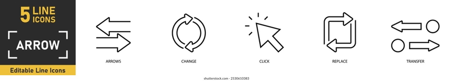 Ícone de linha de seta definido. Conjunto de 5 ícones de estrutura de tópicos relacionados a setas, alterar, clicar, substituir, transferir e muito mais. Ilustração vetorial.