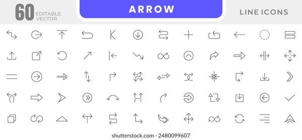 Conjunto de iconos de línea de flecha. Icono de contorno de flecha negra colección. Paquete de iconos de esquema delgado de UI.