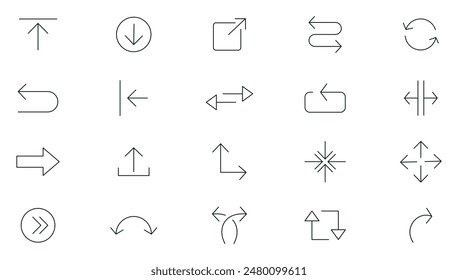 Arrow line icon set. Black arrow outline icon collection. UI thin outline icons pack.