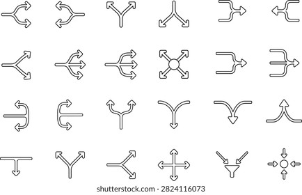 Arrow line icon set with flow paths direction markers and connection symbols for interface design