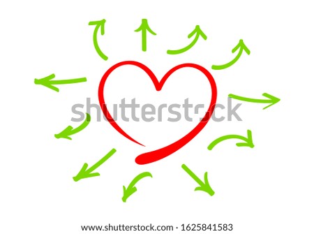 arrow line pointing out from the heart shape frame, isolated on white, doodle red heart shape and arrow line green for clip art, illustration of arrow and heart red, copy space for valentine's day