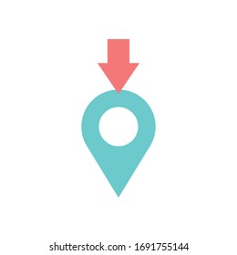 arrow with location pin icon over white background, flat style, vector illustration