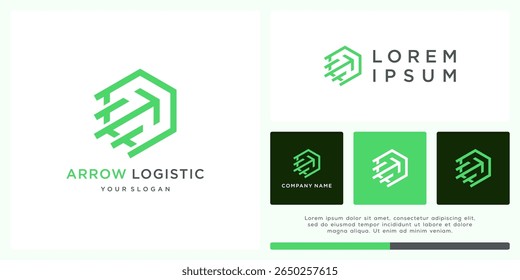 Diseño de logotipo logístico de flecha con forma de hexágono de línea