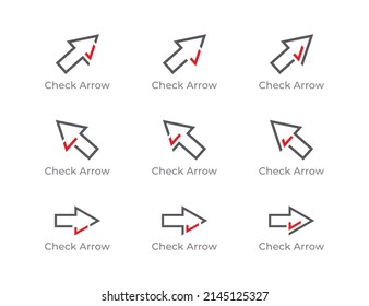 Diseño del icono de signo Concepto de logotipo de flecha. Flecha con símbolo Tick o Checkmark. Ilustración del vector Plantilla de logotipo.