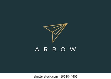Arrow Up Logo. Gold Geometric Line Arrow Shape Paper Plane Icon isolated on Green Background. Usable for Business and Technology Logos. Flat Vector Logo Design Template Element.