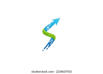 Up arrow logo with letter S with speed effect in gradient green and blue