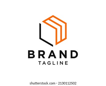 Arrow Up Logo Line. Orange Geometric Line Arrow Shape with Black Square Line isolated on White Background. Usable for Business and Branding Logos. Flat Vector Logo Design Template Element.