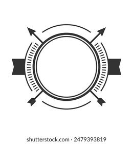 Arrow logo on white background. Modern logotype template with copyspace. Trendy retro circle logo with two arrows and two ribbons. Fashion design symbol with blank place for text. Vector illustration.