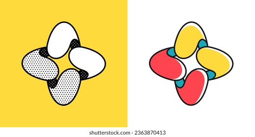 Arrow logo. Optical illusion sign. Retro 3D icons set with black and white polka dots and colored options. Vector impossible shape for halftone label, crypto company, game branding, vintage posters.