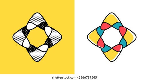 Pfeil-Logo. Optisches Illusionszeichen. Retro-3D-Symbole mit schwarz-weißem Polka-Punkte und farbigen Optionen. Vektor unmögliche Form für Halftone-Label, Kryptofirma, Spiel-Branding, Vintage-Plakate.