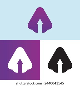 Icono de vector de logotipo de flecha en forma de cohete de avión, letra de color degradado, plantilla de logotipo en forma de flecha y símbolo de lanzador de cohete