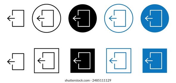 Pfeil-Abmeldesymbol gesetzt. Pfeil- und Türsymbol-Eingabesymbole. Symbol eingeben, Symbol Account Abmelden Symbol Button. Bearbeitbarer Strich.