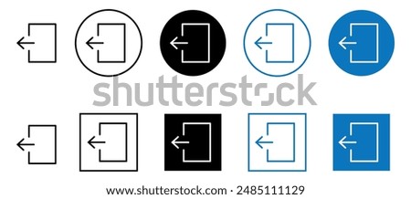 Arrow logout icon set. Arrow and door icon entry symbols. Enter symbol, account log out icon button. Editable stroke.