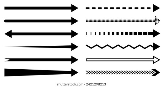 Arrow long set, different horizontal arrows isolated - stock vector