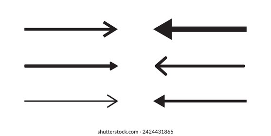 Arrow long, straight right line, black cursor set, horizontal element, thick pointer vector icon isolated on white background. Simple vector illustration