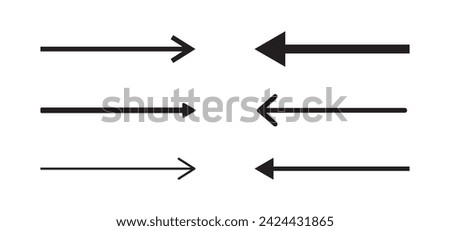 Arrow long, straight right line, black cursor set, horizontal element, thick pointer vector icon isolated on white background. Simple vector illustration