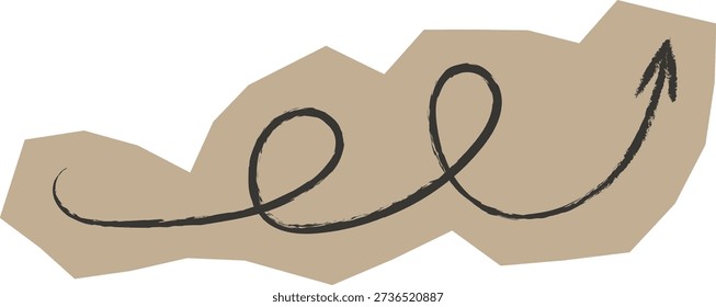 Arrow with looping hand drawn path and rough brush stroke on ragged paper cutout shape. Symbol of direction, growth, progress, path, and navigation. Cartoon vector illustration.