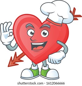 Arrow love cartoon character wearing costume of chef and white hat